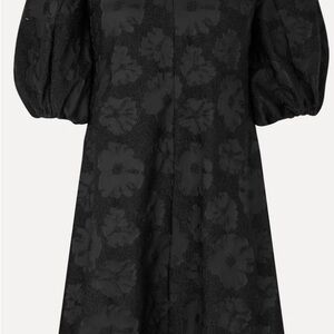 Elegant Black Floral Jacquard Dress with Puff Sleeves